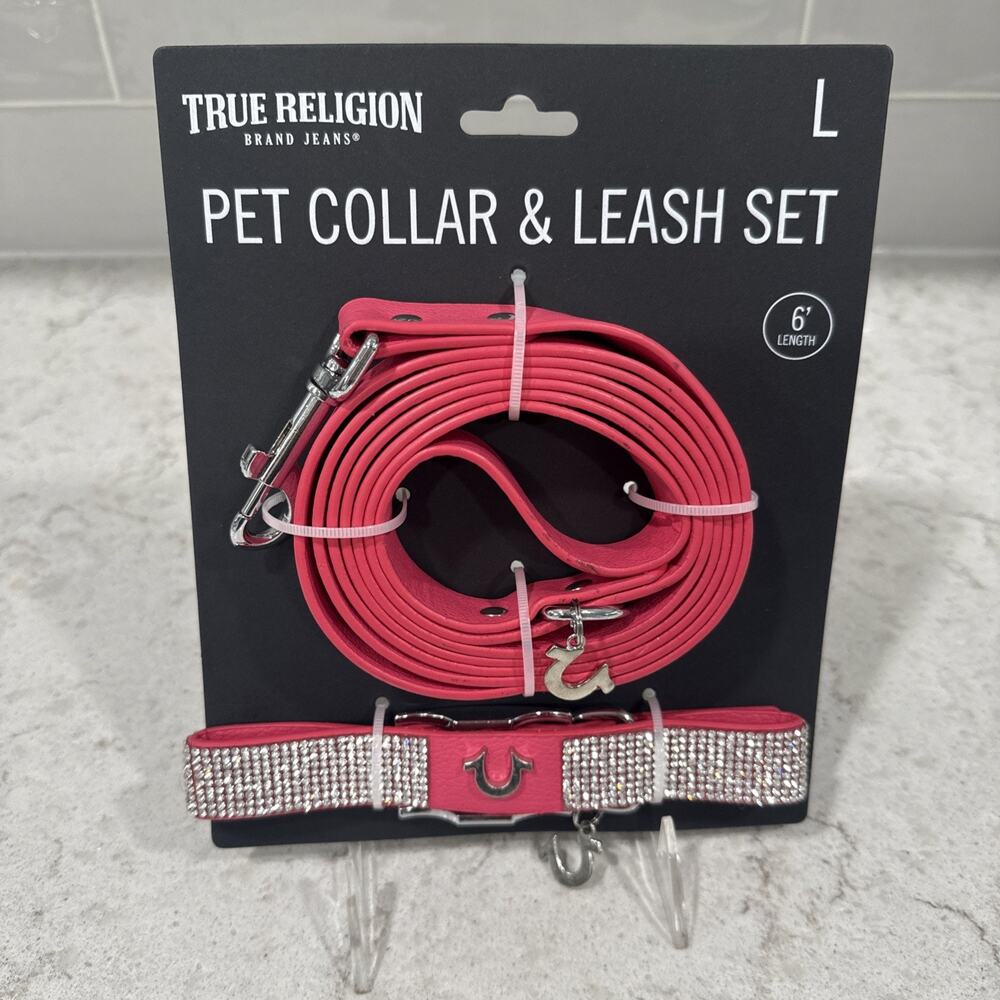 True Religion Pink BLING Rhinestone Dog Pet Collar & Leash Set Size Large NEW